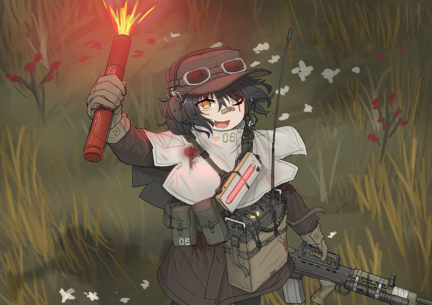 1girl assault_rifle black_hair blood bullpup capelet dynamite explosive field_radio grass gun highres holding holding_dynamite holding_gun holding_weapon imminent_death injury l85 lit_fuse military military_combat_uniform military_uniform one_eye_closed original rifle smile srtdrawart standing tactical_clothes weapon yellow_eyes