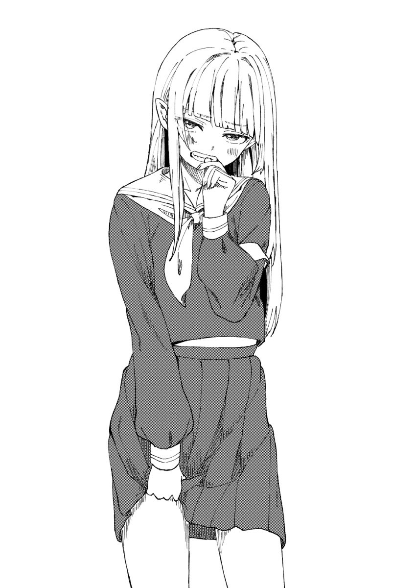 1girl bare_legs biting blunt_bangs clenched_teeth cowboy_shot greyscale halftone hand_up highres long_hair long_sleeves looking_at_viewer midriff_peek monochrome nail_biting natuich neckerchief original sailor_collar school_uniform serafuku sidelocks skirt_hold solo standing teeth
