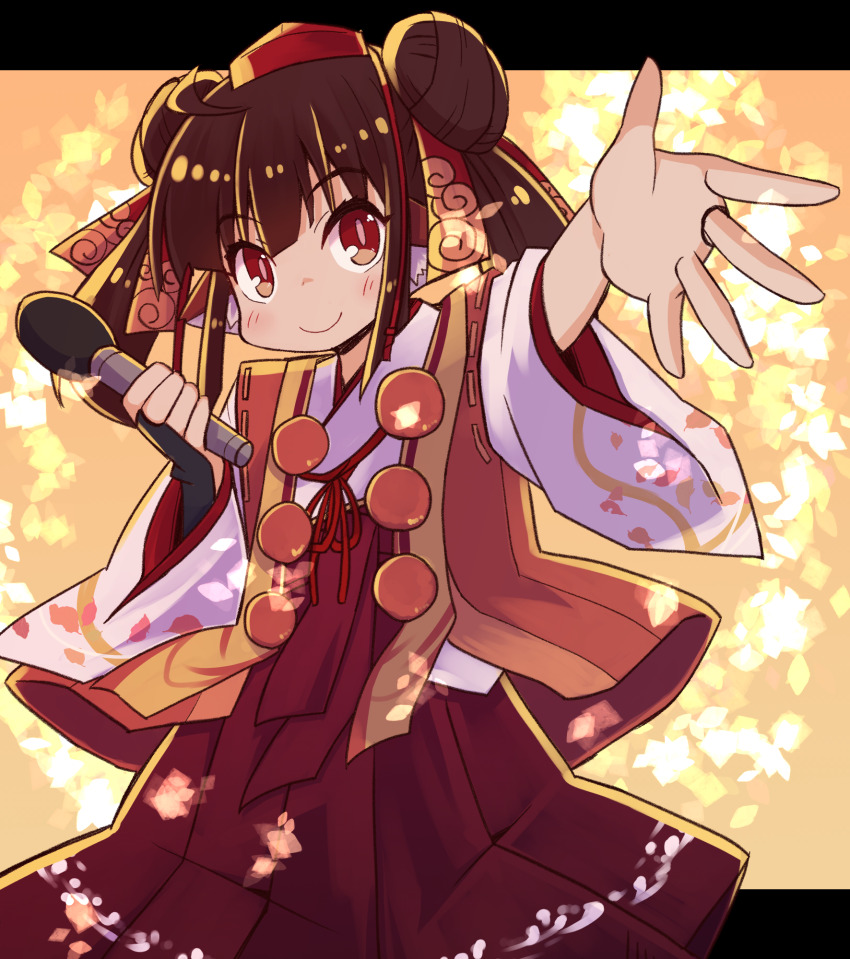 1girl ahoge brown_hair closed_mouth cloud_print commentary_request cowboy_shot double_bun fingerless_gloves foreshortening gloves hair_bun hair_ribbon hat highres holding holding_microphone jacket japanese_clothes kataginu kimono light_blush long_hair long_sleeves looking_at_viewer microphone orange_jacket original outstretched_hand petal_print pom_pom_(clothes) red_eyes red_ribbon red_skirt ribbon simple_background skirt sleeveless sleeveless_jacket smile solo standing tengu tokin_hat twintails white_kimono wide_sleeves yellow_background yukinagi