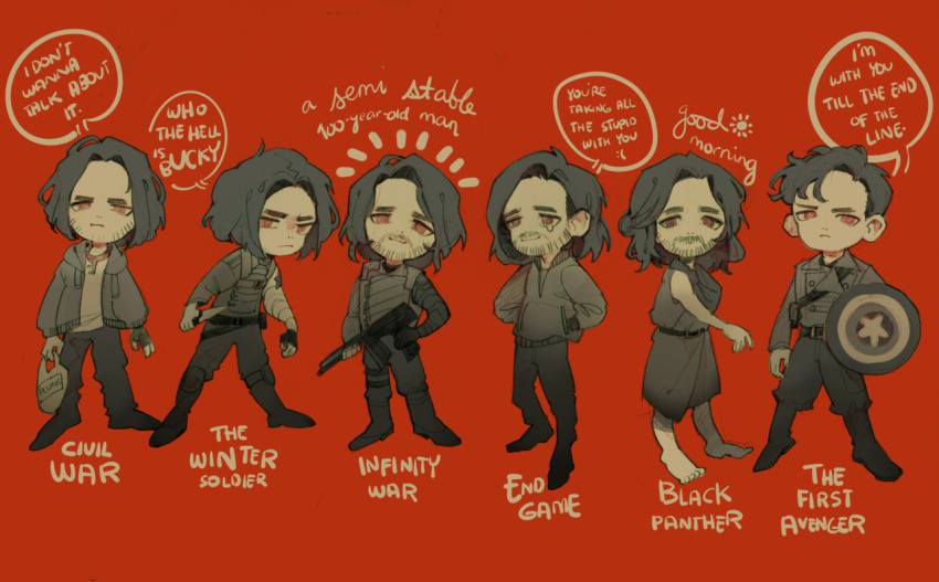 6+boys archived-nt arm_sling arms_behind_back assault_rifle avengers:_endgame avengers:_infinity_war avengers_(series) baggy_pants bare_shoulders barefoot belt black_panther_(movie) bodysuit boots bucky_barnes buttons captain_america:_civil_war captain_america:_the_first_avenger captain_america:_the_winter_soldier captain_america_(series) chibi closed_mouth collared_jacket copyright_name dagger dress english_text facial_hair fingernails greyscale_with_colored_background greyscale_with_colored_eyes gun holding holding_dagger holding_gun holding_knife holding_shield holding_weapon hood hooded_jacket jacket knife long_sleeves looking_afar looking_at_viewer male_focus marvel marvel_cinematic_universe military_jacket multiple_boys multiple_persona notice_lines open_clothes open_jacket package pants pocket prosthesis prosthetic_arm puffy_long_sleeves puffy_sleeves red_background red_eyes rifle shield shirt short_hair simple_background sleeveless sleeveless_dress smile speech_bubble star_(symbol) sun_symbol tearing_up weapon winter_soldier