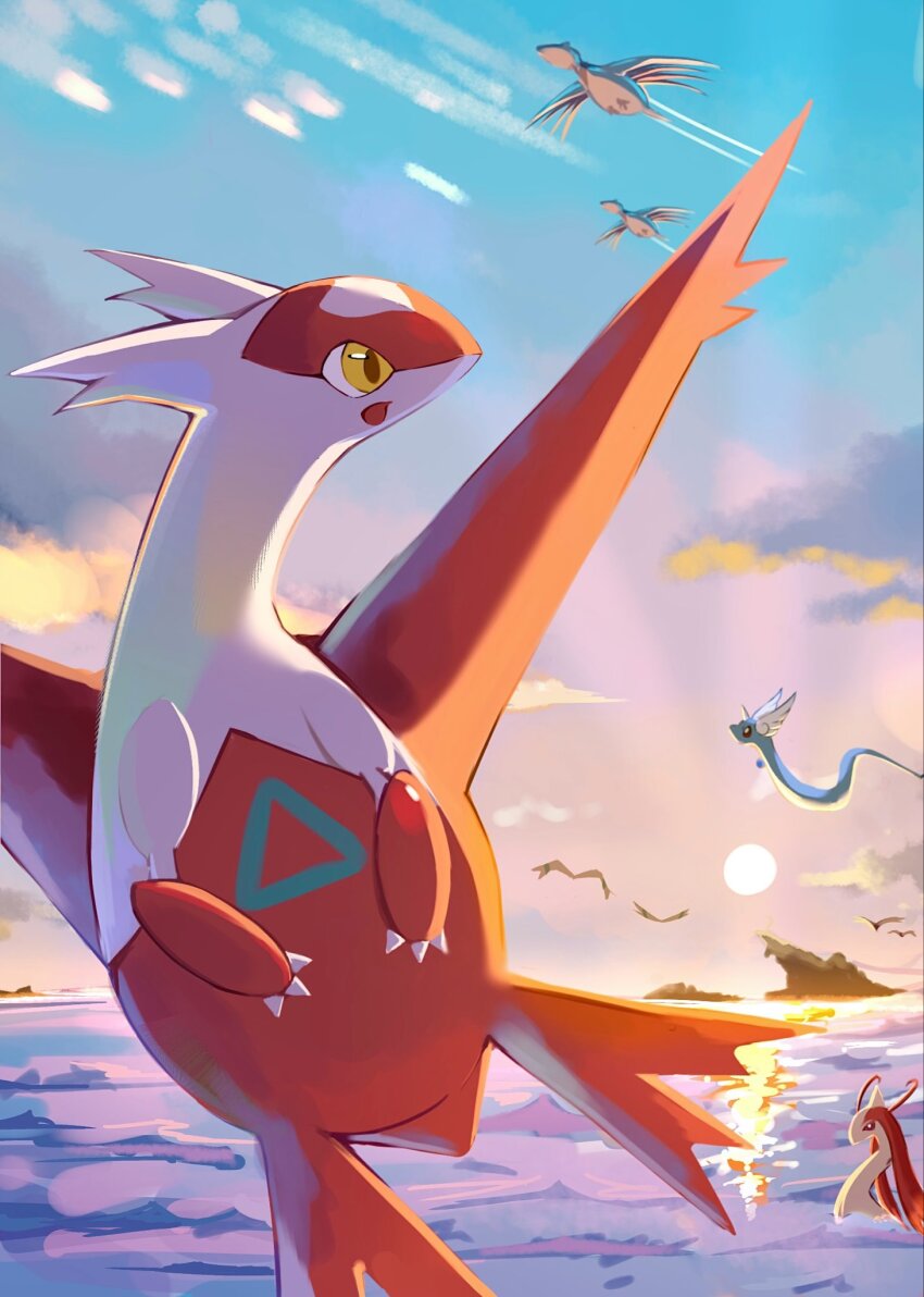 animal_focus bird claws cloud dragon dragonair flying gen_1_pokemon gen_2_pokemon gen_3_pokemon head_wings highres latias legendary_pokemon maripu1023 milotic nintendo no_humans ocean open_mouth outdoors pokemon pokemon_(creature) pokemon_focus skarmory sky smile sunset water wings yellow_eyes
