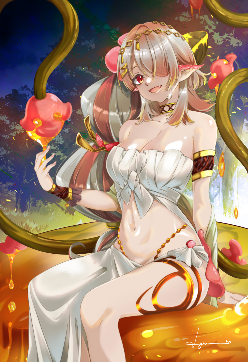 1girl absurdres bare_shoulders breasts choker duel_monster flower forest grey_hair hair_over_one_eye highres honey lyrin_(haireirei) nature navel night plant pointy_ears red_eyes sitting smile solo traptrix_pinguicula vines yu-gi-oh!