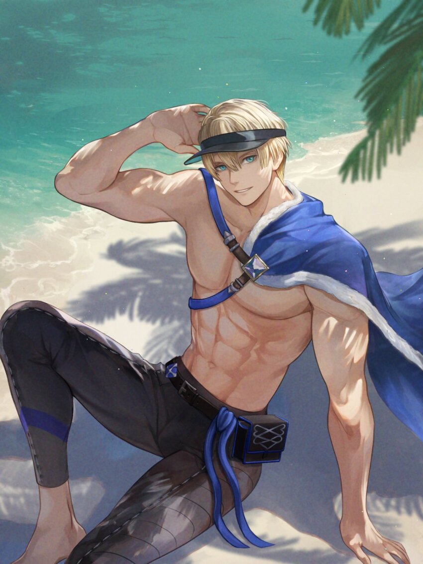 1boy abs arm_behind_head arm_up beach belt belt_buckle belt_pouch black_belt black_hat black_male_swimwear blonde_hair blue_cape blue_eyes buckle cape chest_strap commentary dimitri_alexandre_blaiddyd dimitri_alexandre_blaiddyd_(summer) fire_emblem fire_emblem:_three_houses fire_emblem_heroes foot_out_of_frame fur-trimmed_cape fur_trim hat highres looking_at_viewer male_focus male_swimwear mixed-language_commentary navel nintendo ocean official_alternate_costume outdoors palm_tree parted_lips pectorals pouch sand side_cape smile solo summer teeth toned toned_male topless_male tree visor_cap water white_fur wrainbow13