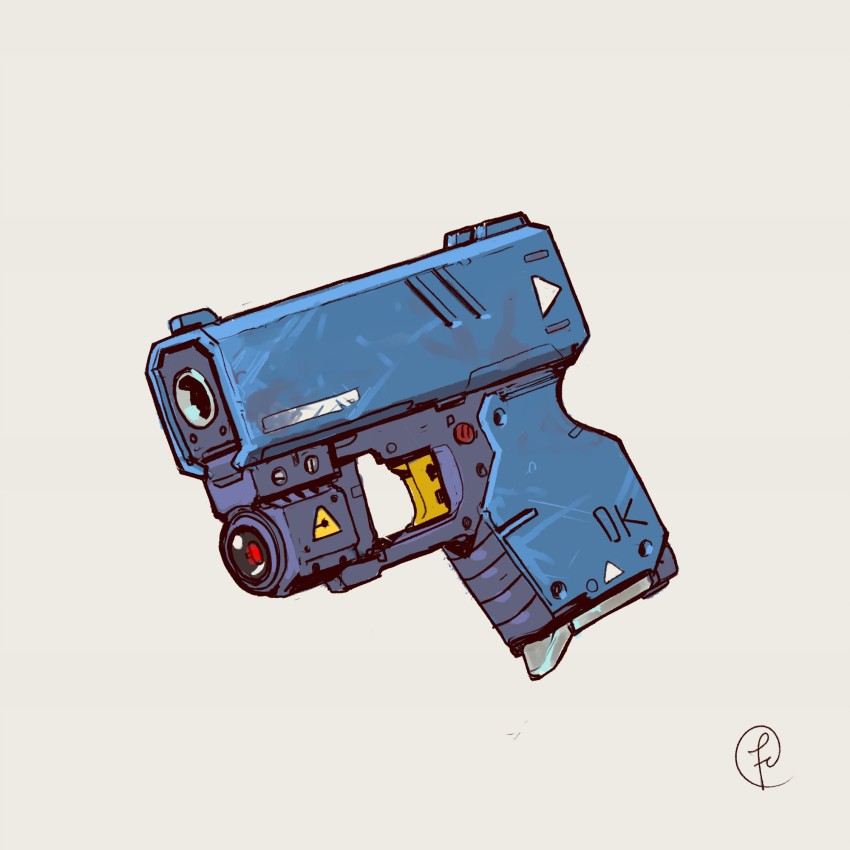 cyberpunk fernando_correa from_side grey_background gun handgun highres laser_sight no_humans original pistol sight signature simple_background still_life weapon weapon_focus