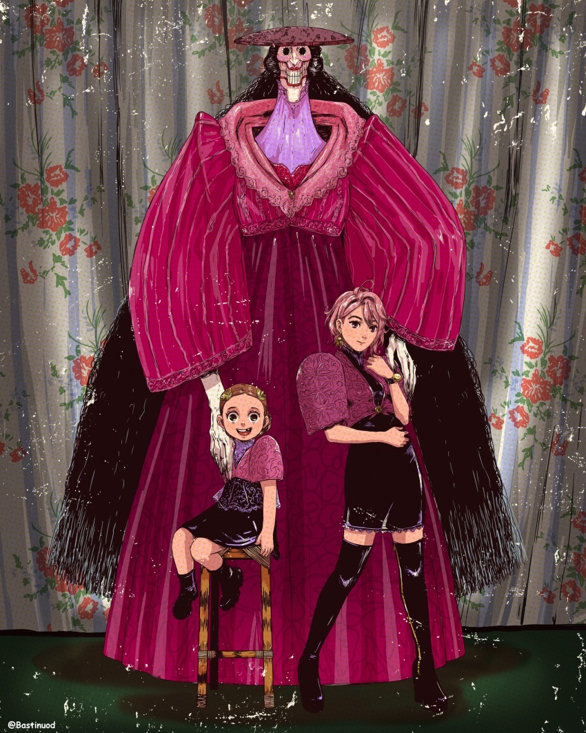 3girls absurdly_long_hair acrobatic_silky&#039;s_daughter acrobatic_silky_(dandadan) bastinuod black_footwear black_hair boots curtains dandadan dress ghost highres long_hair multiple_girls pink_hair red_dress shiratori_aira_(dandadan) smile source_request stool tall_female twitter_username very_long_hair