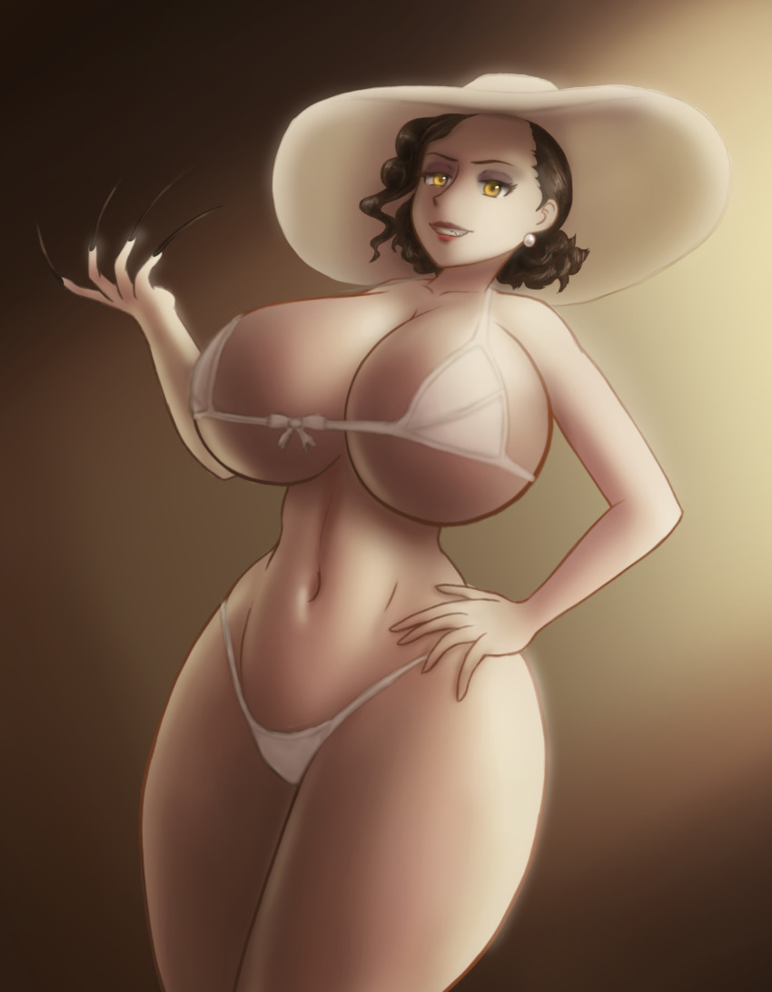 1girl absurdres alcina_dimitrescu ass belly big_dom bikini black_hair bow breasts capcom cleavage earrings female_focus fingernails hand_on_own_hip hat highres huge_ass huge_breasts jewelry mature_female midriff navel resident_evil resident_evil_village saf-404 short_hair smile swimsuit thick_thighs thighs vampire white_bikini wide_hips yellow_eyes