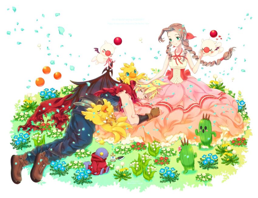1boy 1girl 39cva aerith_gainsborough bare_arms bare_shoulders black_wings blonde_hair blue_flower blue_pants blue_shirt boots braid braided_ponytail breasts brown_footwear brown_hair chocobo cloak closed_eyes cloud_strife curly_hair demon_wings dress falling_petals final_fantasy final_fantasy_vii flower full_body green_eyes hair_between_eyes hair_ribbon halter_dress halterneck hand_in_another&#039;s_hair kingdom_hearts kingdom_hearts_ii lap_pillow light_blush long_dress long_hair lying medium_breasts moogle multicolored_dress nature official_alternate_costume on_side outdoors pants parted_bangs parted_lips petals pink_dress red_cloak red_dress red_ribbon ribbon sabotender shirt short_hair sidelocks single_wing sleeveless sleeveless_dress sleeveless_turtleneck smile tonberry toned toned_male torn_clothes turtleneck white_background white_dress white_flower wings