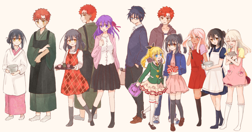2boys 5girls :d apron bag black_apron black_hair black_skirt black_socks black_thighhighs blonde_hair blue_eyes blue_jacket book brother_and_sister brown_footwear brown_jacket chloe_von_einzbern closed_eyes closed_mouth cup dress emiya_shirou emiya_shirou_(prisma_illya) erica_ainsworth fate/kaleid_liner_prisma_illya fate_(series) full_body glasses hands_in_pockets highres holding holding_bag holding_book holding_tray holding_whisk illyasviel_von_einzbern jacket julian_ainsworth kneehighs loafers long_hair looking_at_another looking_back matou_sakura miyu_edelfelt miyu_edelfelt_(argyle_dress) multiple_boys multiple_girls one_side_up open_mouth orange_hair pinafore_dress pink_apron pink_dress pink_hair pink_shirt pleated_skirt ponytail purple_eyes purple_hair red_apron saihara shirt shoes siblings skirt sleeveless sleeveless_dress smile socks thighhighs tray whisk white_apron white_hair white_shirt white_socks yellow_eyes yellow_shirt yunomi