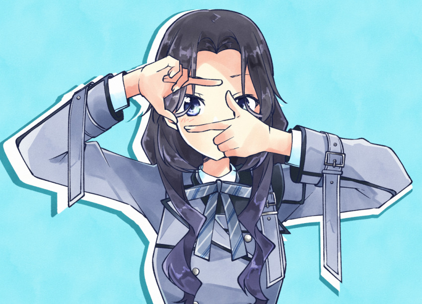 1girl 22/7 aqua_background bow bowtie collared_shirt covered_mouth diagonal-striped_bow diagonal-striped_bowtie diagonal-striped_clothes dress finger_frame finger_frame_over_eye grey_dress grey_eyes grey_hair hair_intakes kamisama_datte_kimerarenai long_hair long_sleeves looking_at_viewer looking_through_fingers orihara_sumika parted_bangs portrait shirt solo striped_clothes trefle_r wavy_hair white_shirt zooming_in