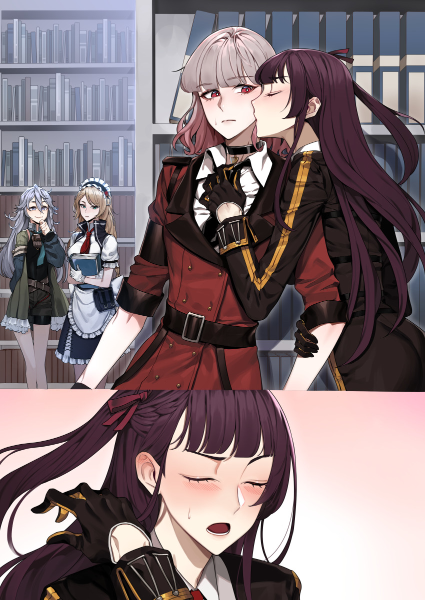 4girls absurdres apron aqua_eyes belt black_choker black_gloves black_jacket black_necktie black_shorts blonde_hair blush braid braided_ponytail breasts choker closed_eyes closed_mouth commission feet_out_of_frame g36_(girls&#039;_frontline) gentiane_(girls&#039;_frontline) girls&#039;_frontline gloves grey_eyes grey_hair griffin_&amp;_kryuger_military_uniform hair_ribbon hand_on_another&#039;s_arm hand_on_another&#039;s_chest highres jacket kiss kissing_cheek kuuky library lips long_hair long_sleeves looking_at_another looking_at_viewer maid maid_apron maid_headdress medium_breasts medium_hair multicolored_hair multiple_girls necktie open_mouth pink_hair purple_hair red_eyes red_jacket red_necktie ribbon shirt short_sleeves shorts side_ponytail sleeves_rolled_up small_breasts smile standing streaked_hair sweatdrop wa2000_(girls&#039;_frontline) white_apron white_gloves white_shirt xm8_(girls&#039;_frontline) yuri