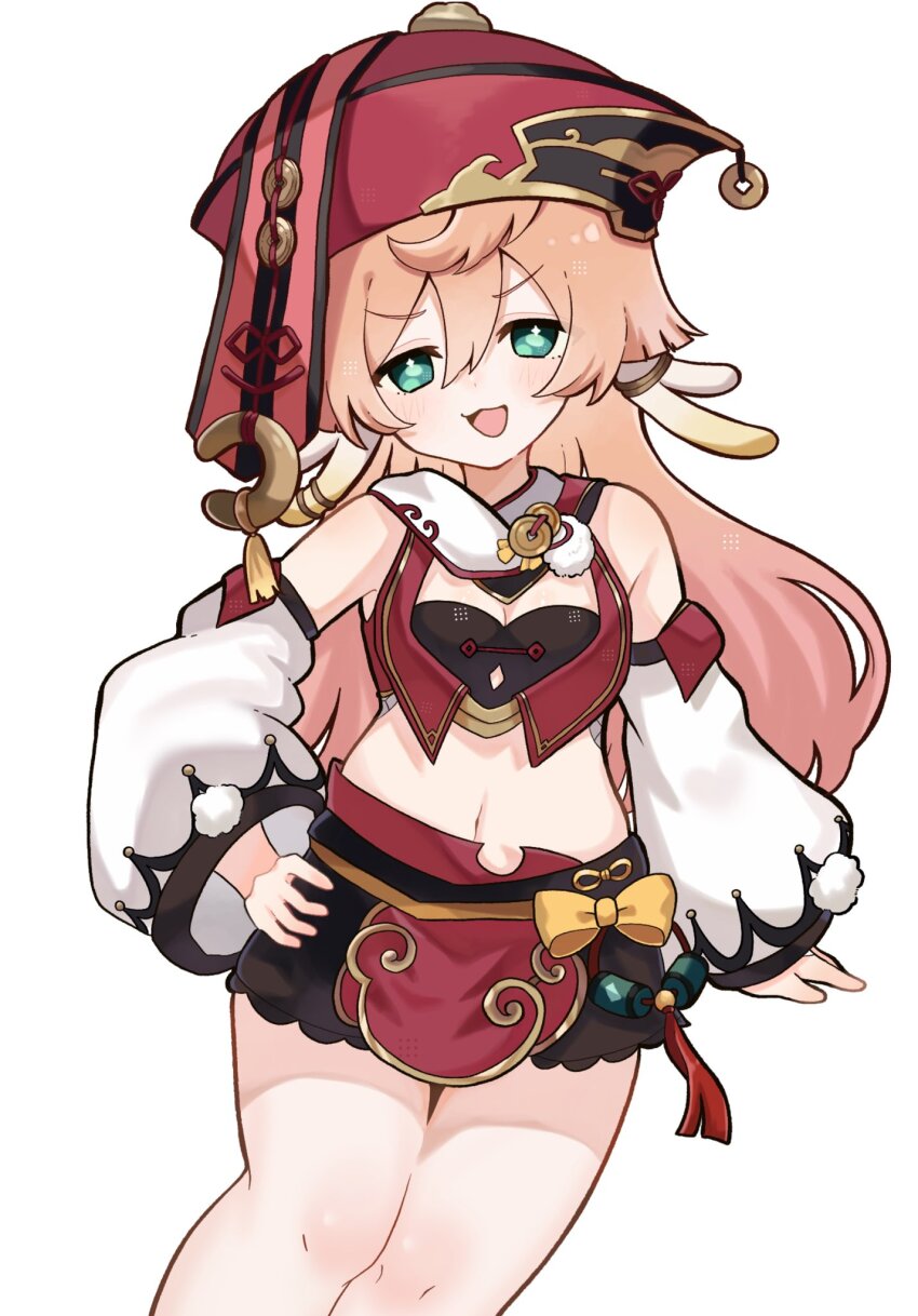 1girl :3 black_shorts bow bustier detached_sleeves genshin_impact green_eyes hair_between_eyes hat highres horns kogamo_(user_vajm2737) long_hair looking_at_viewer midriff navel pink_hair puffy_sleeves red_hat shorts simple_background smile solo v-shaped_eyebrows very_long_hair white_background xiezhi_guan yanfei_(genshin_impact) yellow_bow