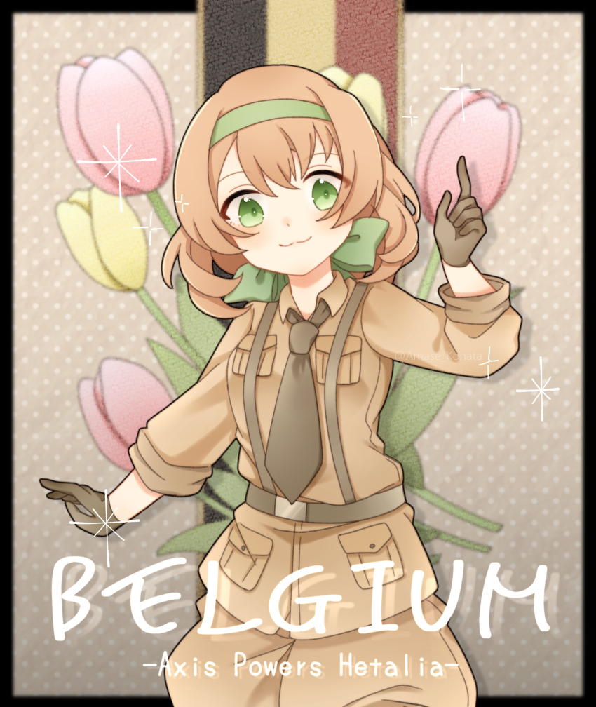 1girl :3 absurdres axis_powers_hetalia belgian_flag belgium_(hetalia) brown_gloves brown_necktie chibi english_text flower gloves green_eyes green_headband green_ribbon hand_up headband highres long_sleeves necktie polka_dot polka_dot_background ribbon short_hair suspenders tulip uniform yuzuko_to_love