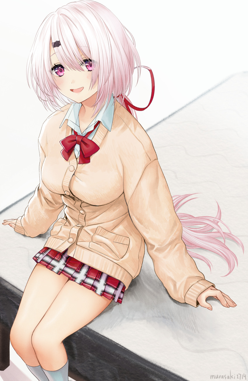1girl artist_name bed blush bow bowtie breasts buttons cardigan choppy_bangs collared_shirt commentary_request feet_out_of_frame fingernails hair_between_eyes hair_ornament hair_ribbon hair_spread_out highres large_breasts long_bangs long_hair long_sleeves looking_at_viewer miniskirt murasaki2714 nijisanji on_bed open_mouth pink_hair plaid_clothes plaid_skirt pleated_skirt pocket red_bow red_bowtie red_ribbon red_skirt ribbon school_uniform shiina_yuika shirt sidelocks simple_background sitting skirt sleeves_past_wrists smile socks solo sparkling_eyes very_long_hair virtual_youtuber white_background white_shirt white_socks yellow_cardigan
