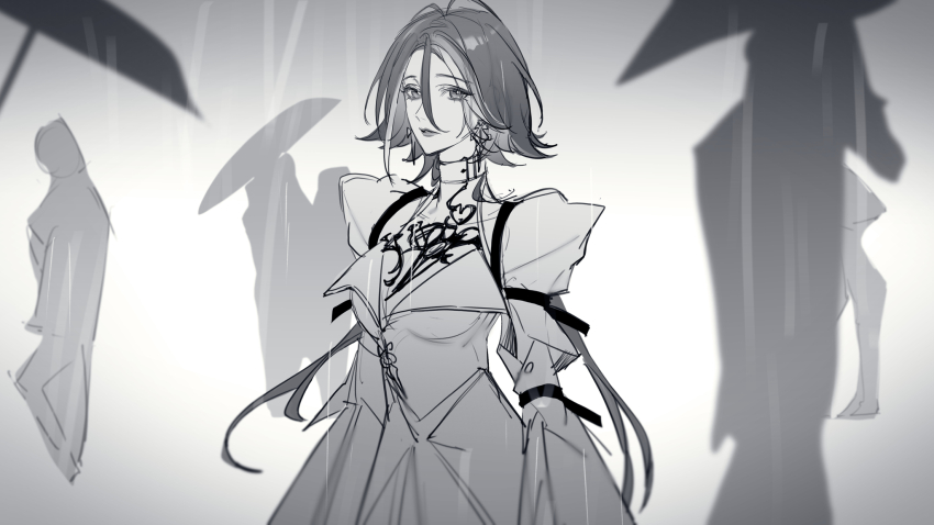 1girl adela_(path_to_nowhere) arm_belt belt breasts buttons chest_tattoo cleavage collared_shirt commentary_request cowboy_shot earrings expressionless eyelashes gradient_background grey_background greyscale hair_between_eyes highres jewelry layered_sleeves lipstick long_hair long_sleeves looking_at_viewer low_twintails makeup monochrome multicolored_hair multiple_belts parted_lips path_to_nowhere people rain shirt short_over_long_sleeves short_sleeves shoulder_belt skirt solo_focus standing streaked_hair tattoo toho10min twintails umbrella very_long_hair white_background