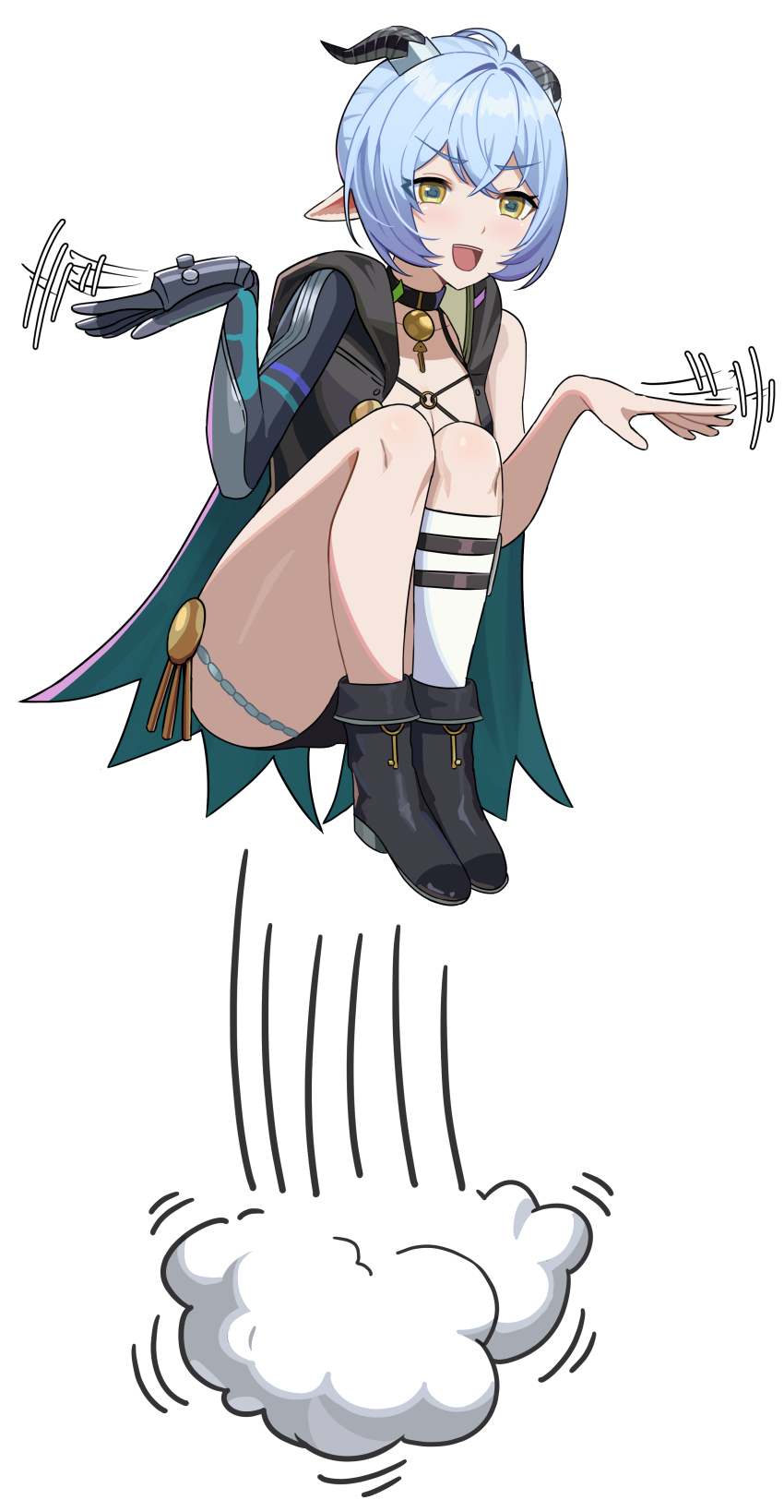 1girl absurdres aqua_eyes black_boots black_horns blue_hair boots breasts cape cleavage commentary flapping goat_girl goat_horns highres hood hood_down hooded_cape horns jumping junmin lucia_elowen medium_breasts multicolored_eyes open_mouth pointy_ears sidelocks simple_background single_sock smile socks solo thighs two-tone_eyes white_background yellow_eyes zenless_zone_zero