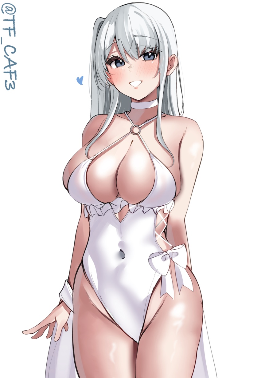 1girl absurdres breasts casual_one-piece_swimsuit choker cosplay cowboy_shot frilled_one-piece_swimsuit frills fuyutsuki_(kancolle) hairband highleg highleg_one-piece_swimsuit highres kantai_collection large_breasts long_hair looking_at_viewer one-piece_swimsuit sagiri_(kancolle) sagiri_(kancolle)_(cosplay) side-tie_swimsuit solo swimsuit tf_cafe white_choker white_one-piece_swimsuit