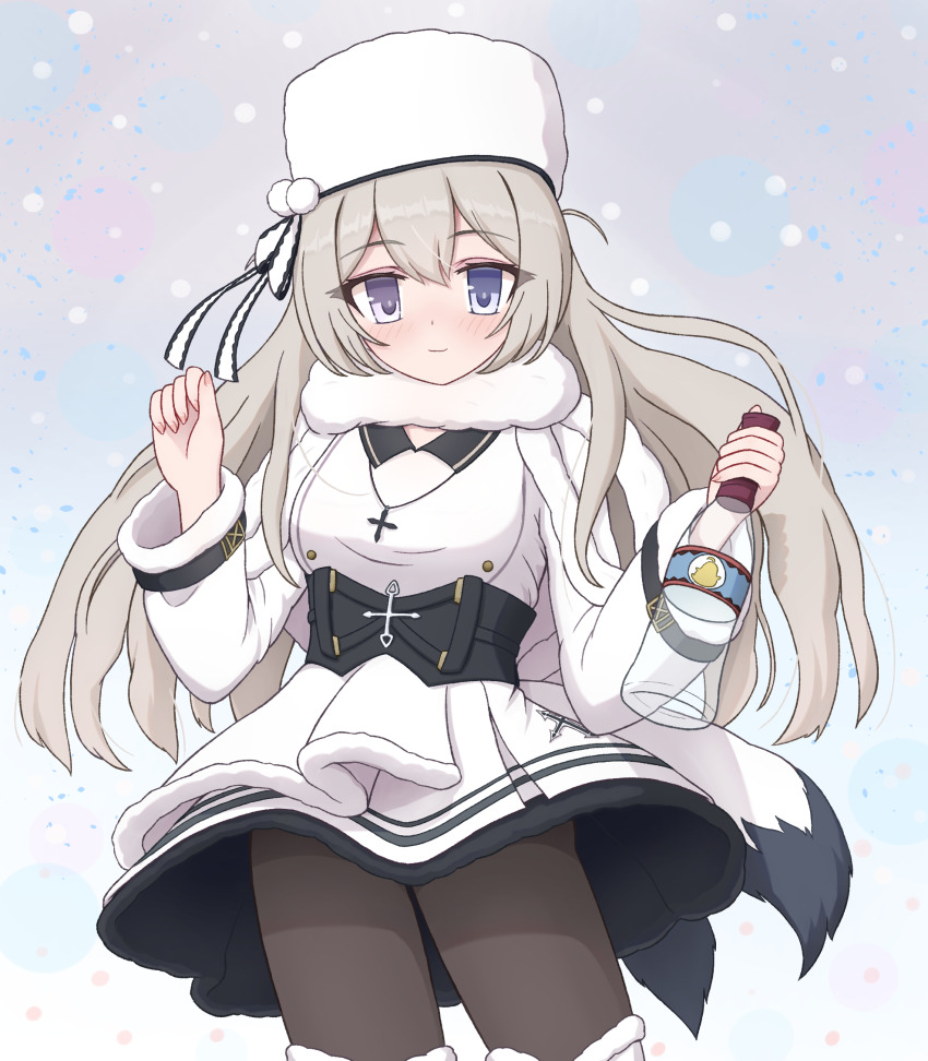 1girl ahoge alcohol azur_lane bird blonde_hair blue_eyes blush boots bottle bow brown_pantyhose chick clothes_lift coat coat_dress commentary_request cross cross_necklace dress dvomil fake_tail fingernails fur-trimmed_boots fur-trimmed_coat fur-trimmed_collar fur-trimmed_dress fur-trimmed_sleeves fur_hat fur_trim hands_up hat hat_bow heterochromia highres holding holding_bottle jewelry long_hair manjuu_(azur_lane) multiple_tails murmansk_(azur_lane) necklace pantyhose papakha pom_pom_(clothes) simple_background smile snow tail vodka white_bow winter_clothes winter_coat