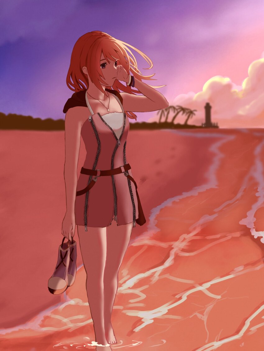 1girl barefoot beach cloud dress footprints full_body highres jewelry kairi_(kingdom_hearts) kingdom_hearts kingdom_hearts_ii necklace palm_tree red_hair sand shoes sleeveless solo standing tree
