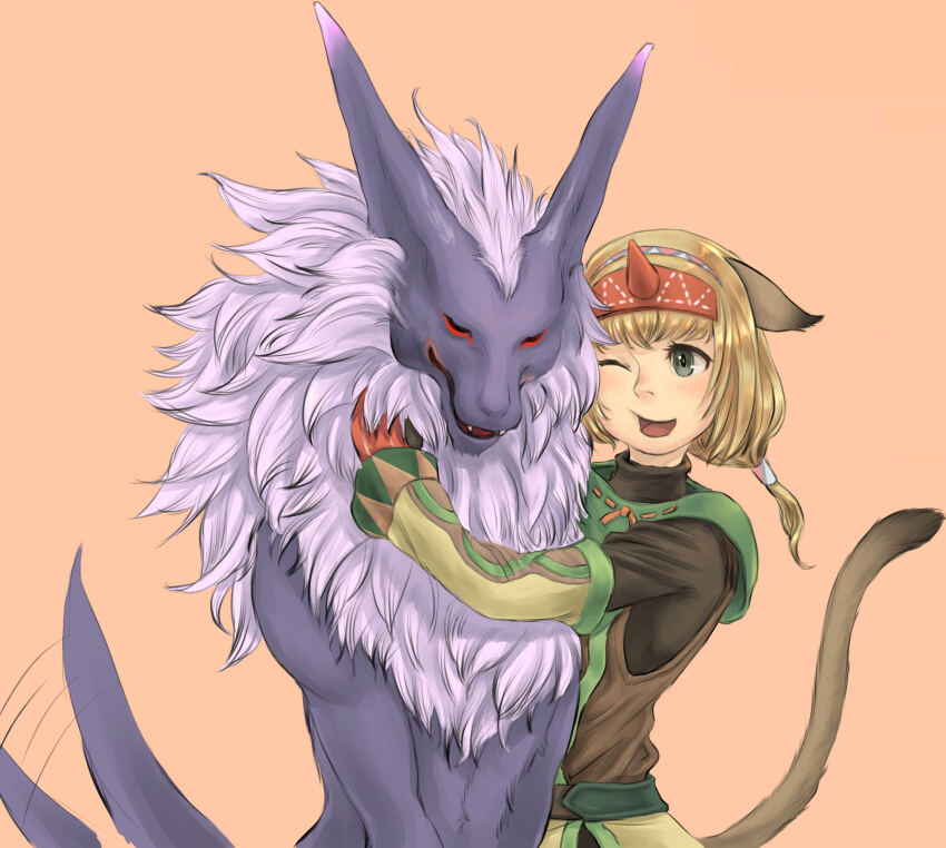 1girl ;d afterimage animal animal_ears animal_hug adventurer_(ff11) blonde_hair brown_tail cactus41747280 cat_ears cat_girl cat_tail detached_sleeves fenrir_(final_fantasy) final_fantasy final_fantasy_xi green_eyes hairband highres horns hug long_sleeves medium_hair mithra_(ff11) motion_lines multicolored_hairband multiple_hairbands one_eye_closed open_mouth orange_background orange_ribbon red_hairband red_horns ribbon ribbon_trim simple_background single_horn smile solo summoner_(final_fantasy) tail tail_raised tail_wagging turtleneck wolf yellow_pupils yellow_sleeves