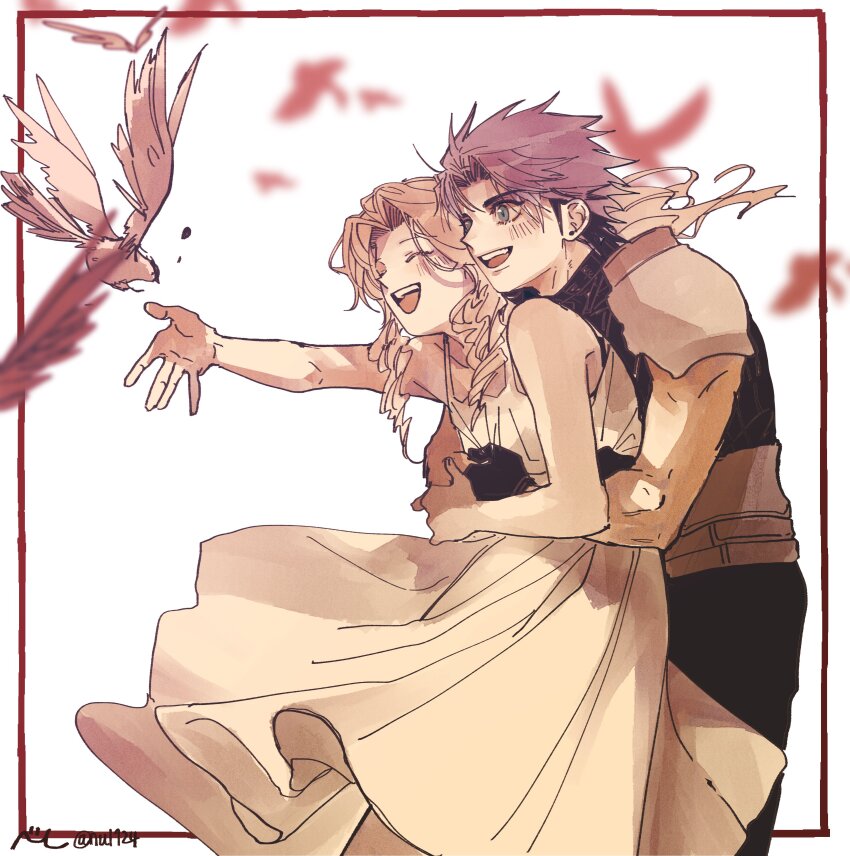 1boy 1girl absurdres aerith_gainsborough armor bare_arms bare_shoulders bird black_gloves blue_eyes blurry blurry_background blurry_foreground blush commentary_request couple cowboy_shot crisis_core_final_fantasy_vii dress final_fantasy final_fantasy_vii gloves happy highres hug hug_from_behind long_hair looking_to_the_side nul open_mouth outside_border outstretched_hand parted_bangs shoulder_armor sidelocks sleeveless sleeveless_dress smile spiked_hair sweater teeth turtleneck turtleneck_sweater twitter_username upper_teeth_only white_background zack_fair