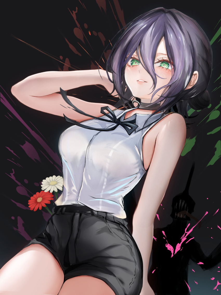 1girl black_background black_choker black_shorts blush breasts chainsaw_man choker flower green_eyes highres looking_at_viewer paint_splatter purple_hair reze_(chainsaw_man) shirt short_shorts shorts simple_background sleeveless sleeveless_shirt smile solo tk@illustration white_shirt