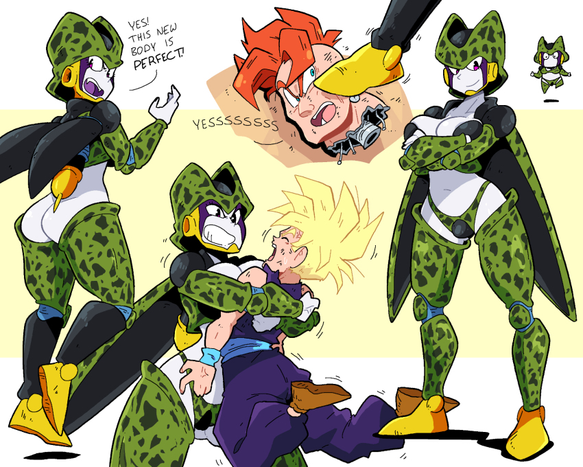 1girl 2boys :d android_16 ass bare_shoulders breasts brown_footwear cell_(dragon_ball) cleavage closed_mouth collarbone colored_skin dragon_ball dragonball_z english_text fangs foot_on_another&#039;s_face genderswap genderswap_(mtf) green_skin grin highres hug large_breasts mohawk multiple_boys navel open_mouth orange_hair perfect_cell scott_malin short_hair smile son_gohan spiked_hair super_saiyan super_saiyan_1 teeth tongue upper_teeth_only white_background white_skin wings yellow_background