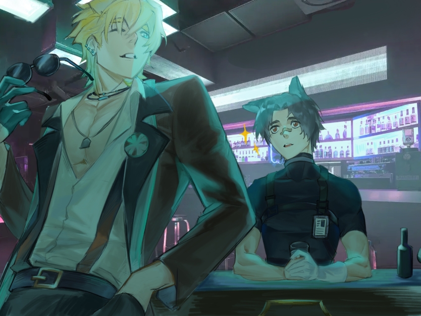 2boys animal_ears arknights bandaid bandaid_on_face bandaid_on_nose belt black_gloves black_hair black_pants black_shirt blonde_hair blue_eyes brown_jacket chinese_commentary collar dog_boy dog_ears drink ear_piercing elbows_on_table gloves highres holding holding_removed_eyewear jacket jewelry male_focus multiple_boys muscular necklace one_eye_closed open_clothes open_mouth open_shirt pants piercing red_eyes shirt sparkle suspenders teeth tequila_(arknights) tequila_(cardwinner)_(arknights) translation_request turtleneck unworn_eyewear white_collar white_shirt windflit_(arknights) youzidanaotiangong