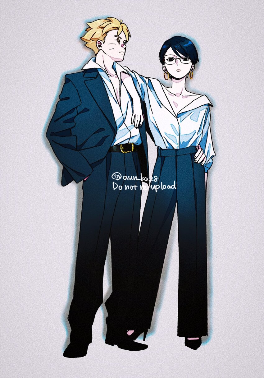 1boy 1girl alternate_costume alternate_hairstyle arm_around_waist arm_on_another&#039;s_shoulder bare_shoulders black_eyes black_hair black_pants black_shoes black_suit blonde_hair blue_eyes boruto:_two_blue_vortex collarbone commentary_request earrings facial_mark film_grain flat_chest formal_clothes glasses hand_in_pocket high_heels highres hoop_earrings jewelry naruto_(series) one_eye_closed onka_(aun_ka28) pants scar scar_across_eye scar_on_face shoes short_hair suit twitter_username uchiha_sarada uzumaki_boruto whisker_markings
