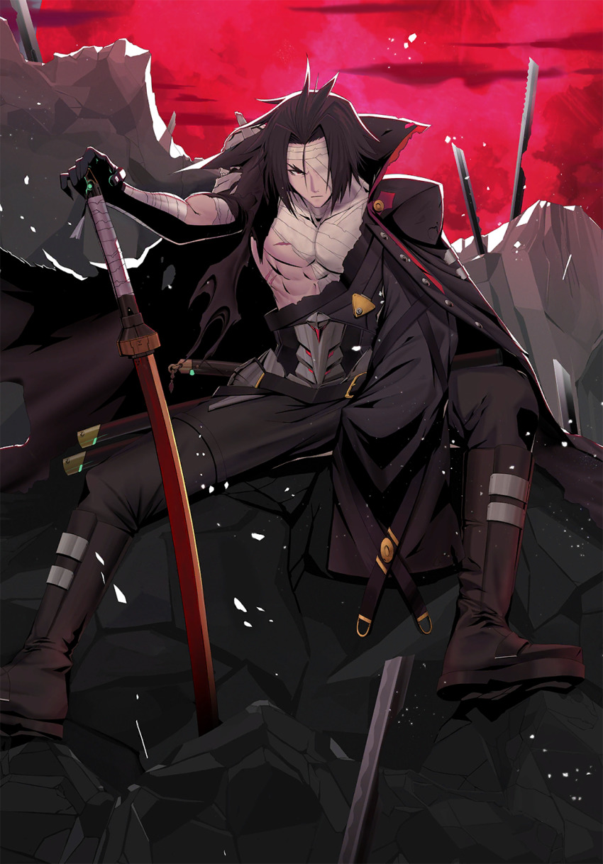 1boy amputee another_dark_kagura arm_out_of_sleeve bandage_over_one_eye bandaged_arm bandaged_chest bandaged_neck bandages belt belt_buckle black_cape black_cloak black_gloves black_hair black_jacket black_pants blazblue blazblue_alternative:_dark_war buckle cape cloak eyebrows forked_eyebrows gloves highres holding holding_sword holding_weapon jacket kagura_mutsuki katana long_sleeves looking_at_viewer mori_toshimichi official_art pants ruins scar scar_on_chest scowl sheath sheathed sitting skull solo sword torn_cape torn_cloak torn_clothes weapon