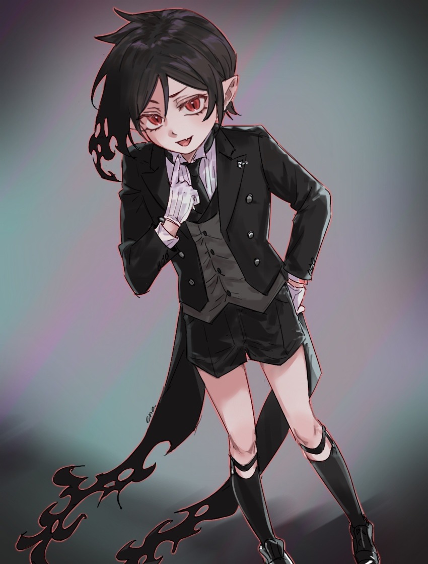 1boy adapted_costume aged_down black_hair child demon demon_boy ena33333333 gloves hair_between_eyes highres jacket kuroshitsuji male_focus necktie ouji_fashion pointy_ears sebastian_michaelis shirt shoes shorts smile socks standing vest