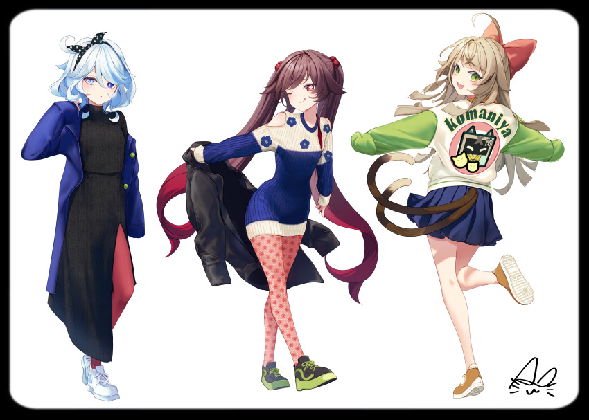 3girls absurdres ahoge alternate_costume artist_logo asahi_(vjss4548) black_border black_dress black_footwear black_jacket blonde_hair blue_coat blue_dress blue_eyes blue_hair blue_skirt border brown_hair cat_girl cat_tail closed_mouth clothes_writing clothing_cutout coat commentary_request contemporary dress drop-shaped_pupils facing_viewer flower-shaped_pupils from_behind full_body furina_(genshin_impact) genshin_impact green_eyes green_footwear green_jacket hair_ribbon heterochromia highres holding holding_unworn_clothes hu_tao_(genshin_impact) jacket kirara_(genshin_impact) leggings logo long_hair long_sleeves looking_at_viewer looking_back multicolored_jacket multiple_girls multiple_tails nekomata one_eye_closed open_mouth orange_shoes pantyhose pink_pantyhose pleated_skirt red_eyes red_leggings ribbon shoes short_hair shoulder_cutout simple_background skirt slit_pupils smile sneakers standing standing_on_one_leg sweater sweater_dress symbol-shaped_pupils tail tongue tongue_out twintails two-tone_dress two-tone_footwear two-tone_jacket unworn_jacket very_long_hair white_background white_dress white_footwear white_jacket