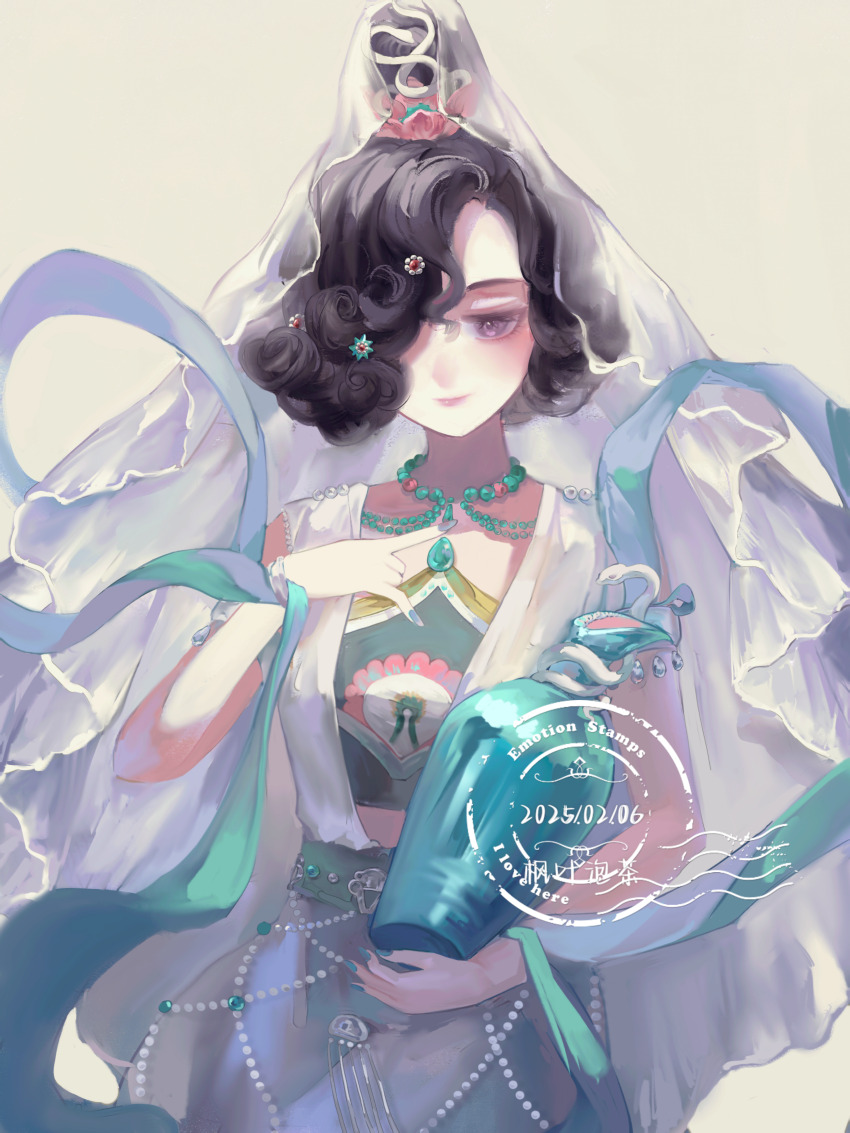 1girl absurdres artist_name black_hair bottle closed_mouth dated dress fengye_pao_cha green_shawl hagoromo hair_bun hair_ornament hair_over_one_eye half-closed_eyes hand_on_own_chest hand_up highres holding holding_bottle jewelry lotus_hair_ornament necklace official_alternate_costume one_eye_covered purple_eyes reverse:1999 shawl short_hair sleeveless sleeveless_dress smile snake_hair_ornament solo tuesday_(reverse:1999) upper_body veil watermark white_background white_dress white_veil