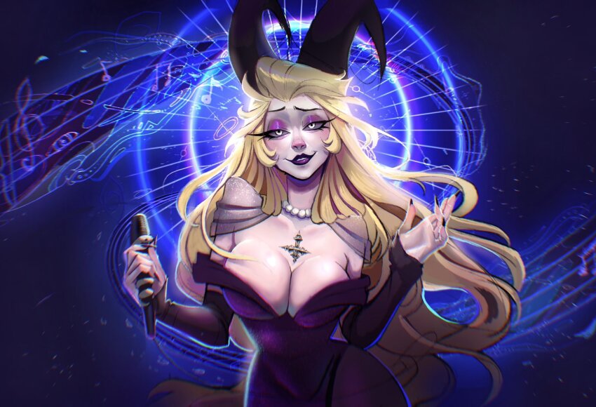 1girl ballz4lyfe11 blonde_hair breasts cleavage demon_girl demon_horns dress grin hazbin_hotel highres horns large_breasts lilith_(hazbin_hotel) long_hair parted_lips purple_dress smile solo very_long_hair white_eyes