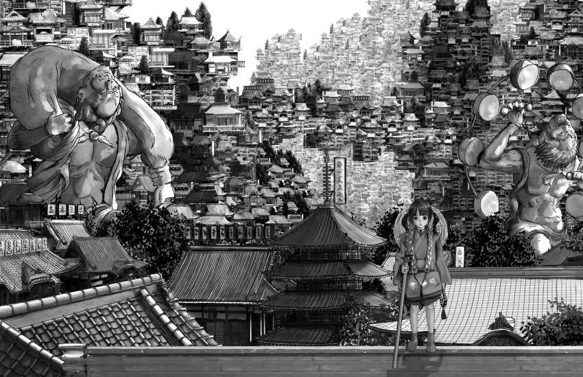 1girl architecture bad_id bad_pixiv_id beads buddhism city cityscape east_asian_architecture female_focus fuujin_(mythology) greyscale hat highres japanese_clothes katou_fumitaka long_hair looking_at_viewer monk monochrome original pagoda prayer_beads raijin_(mythology) rooftop scenery shakujou solo staff statue straw_hat surreal tabi twintails