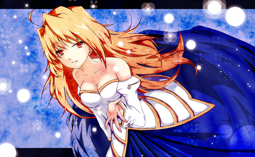 00s 1girl ahoge archetype_earth arcueid_brunestud bad_id bad_pixiv_id bare_shoulders blonde_hair breasts cleavage detached_sleeves dress female_focus long_hair medium_breasts melty_blood red_eyes smile snow solo strapless strapless_dress tsukihime yasuo_(torinikukani)