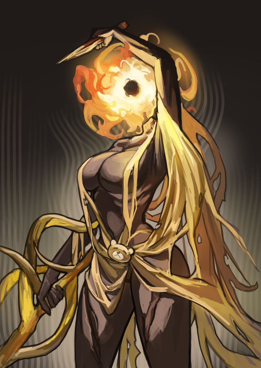 1girl absurdres black_skin breasts coiled_sword colored_skin commentary_request elden_ring elden_ring:_shadow_of_the_erdtree fire genderswap genderswap_(mtf) glowing highres holding holding_knife holding_sword holding_weapon knife large_breasts miao_jiangyou midra_lord_of_frenzied_flame shawl solo standing sword thighs torn_clothes weapon yellow_shawl