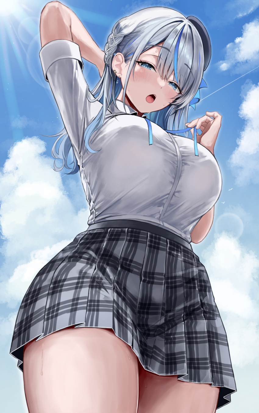 1girl absurdres amagai_ruka arm_behind_head arm_up black_hat black_skirt blue_eyes blue_ribbon blue_sky blue_streaks blush braid breasts cloud collared_shirt colored_inner_hair commentary_request day earrings from_below grey_hair hair_between_eyes hand_up hat highres holding holding_ribbon jewelry large_breasts lens_flare light_particles looking_at_viewer multicolored_hair open_mouth plaid_clothes plaid_skirt pleated_skirt ribbon shirt shirt_tucked_in short_sleeves side_braid skirt sky solo standing streaked_hair sunlight sweat thighs tongue virtual_youtuber weather_planet white_shirt ya_ta