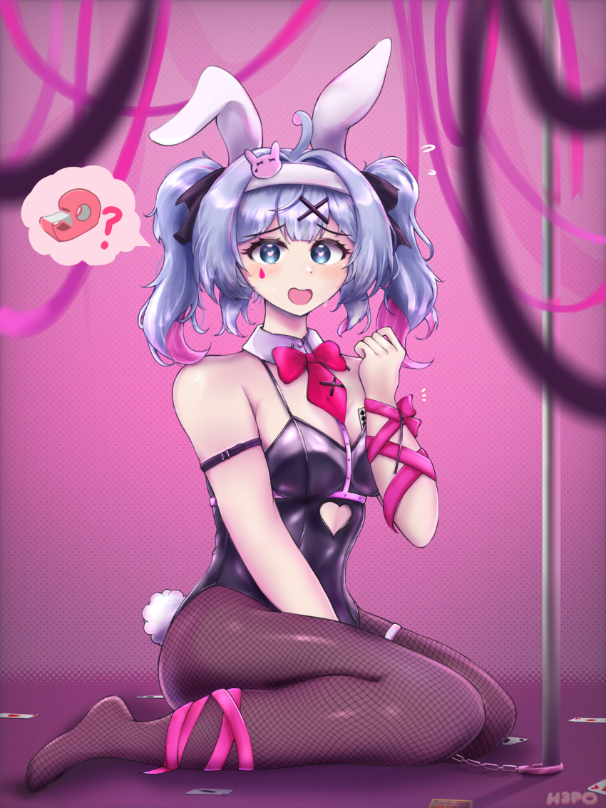 1girl :d absurdres animal_ears bare_shoulders black_leotard blue_eyes blue_hair blush bow bowtie breasts card cleavage commentary covered_navel cuffs detached_collar english_commentary fake_animal_ears fishnets h3p0 hair_ornament handcuffs hatsune_miku heart heart-shaped_pupils highres large_breasts leotard long_hair looking_at_viewer open_mouth pantyhose playboy_bunny playing_card rabbit_ears rabbit_hole_(vocaloid) ribbon smile solo symbol-shaped_pupils teardrop_facial_mark thigh_strap thighs twintails two_side_up vocaloid x_hair_ornament