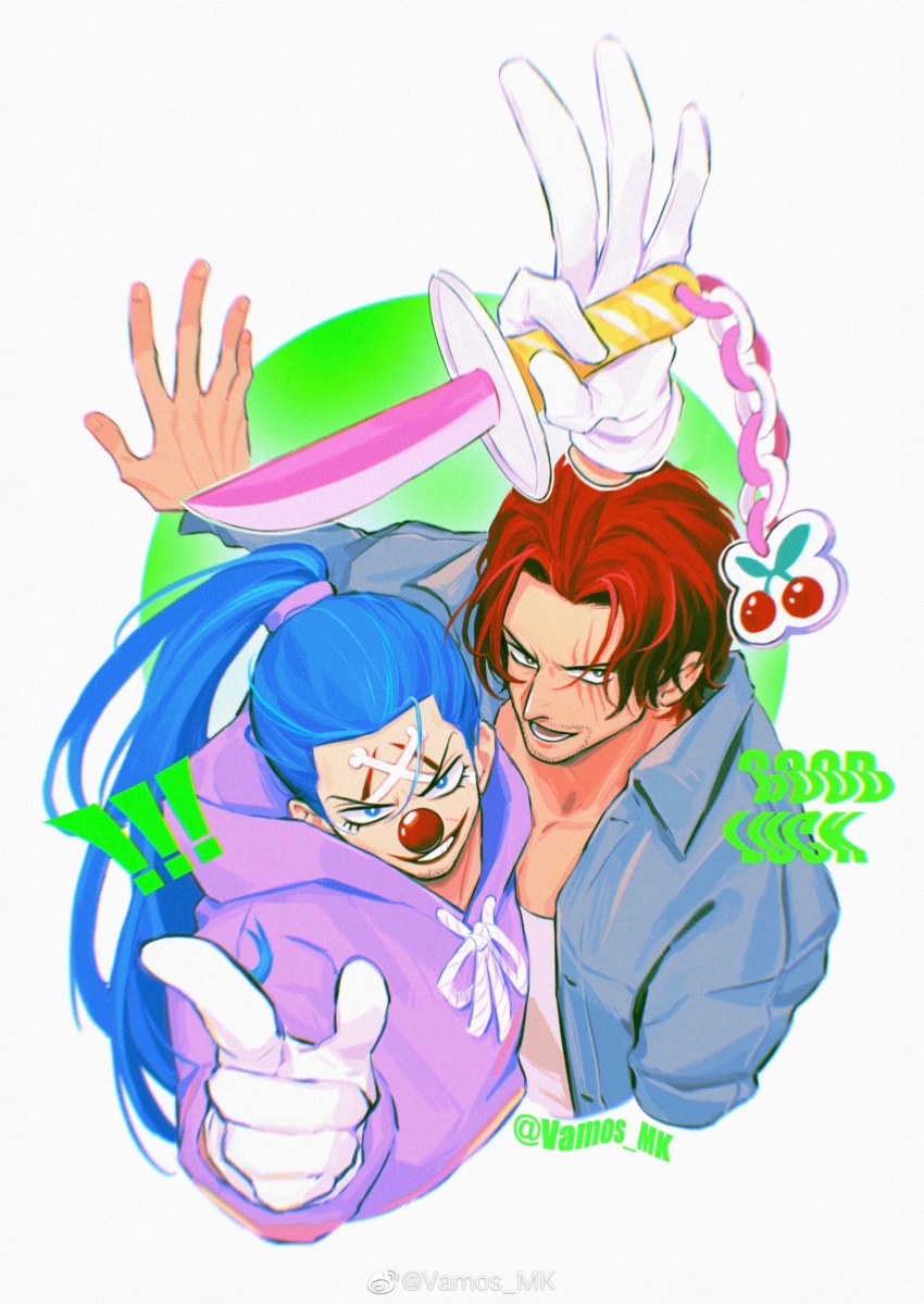 2boys absurdres blue_hair blue_jacket buggy_the_clown charm_(object) cherry clown_nose cute_weapon facepaint food fruit gloves highres hood hood_down index_finger_raised jacket long_hair male_focus multiple_boys one_piece open_mouth ponytail red_hair scar scar_across_eye scar_on_face shanks_(one_piece) shirt sword vamos_mk weapon weapon_charm white_gloves white_shirt