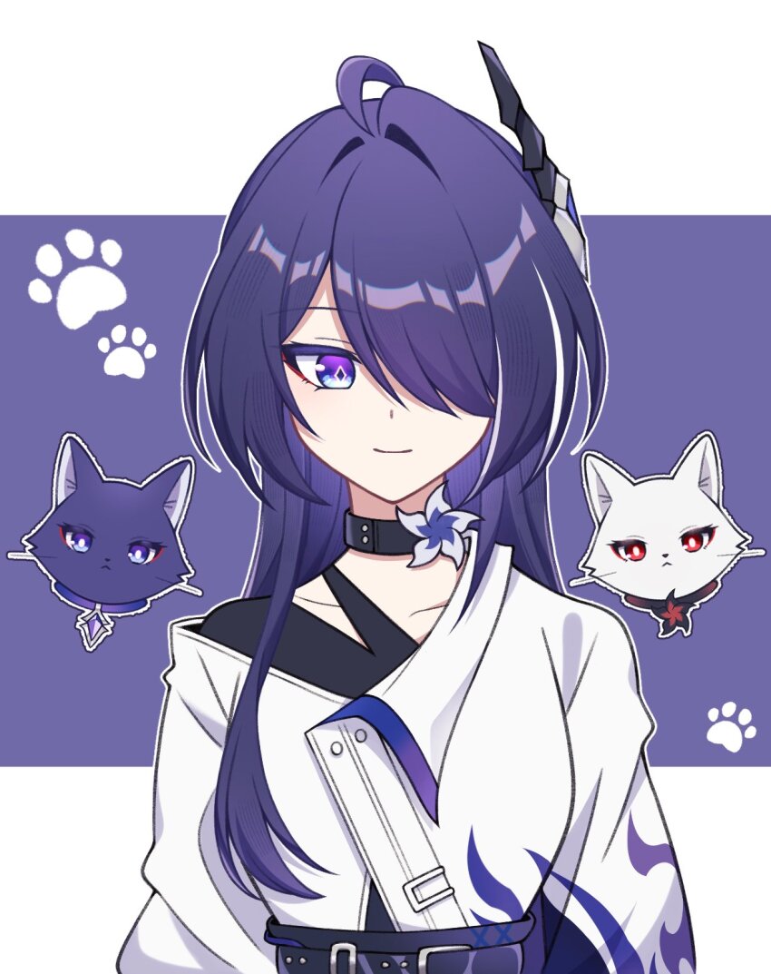 1girl acheron_(honkai:_star_rail) adapted_costume ahoge black_choker cat choker collarbone hair_ornament hair_over_one_eye highres honkai:_star_rail honkai_(series) long_hair looking_at_viewer paw_print purple_eyes purple_hair shirt shiyuki_(yuki_09_22) smile upper_body white_background white_shirt