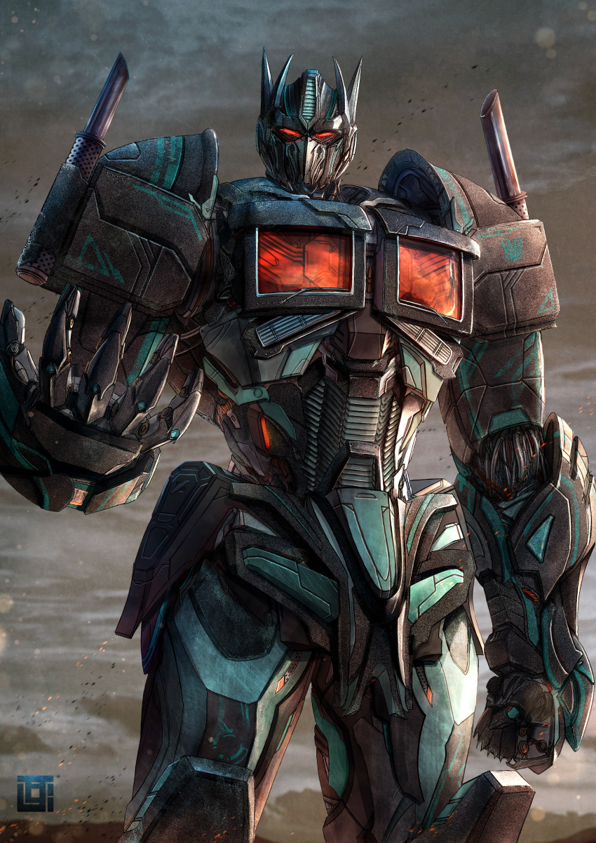absurdres chinese_commentary clenched_hand cloud cloudy_sky decepticon embers highres kozsen_810290 looking_at_viewer mecha nemesis_prime open_hand red_eyes robot science_fiction sky transformers