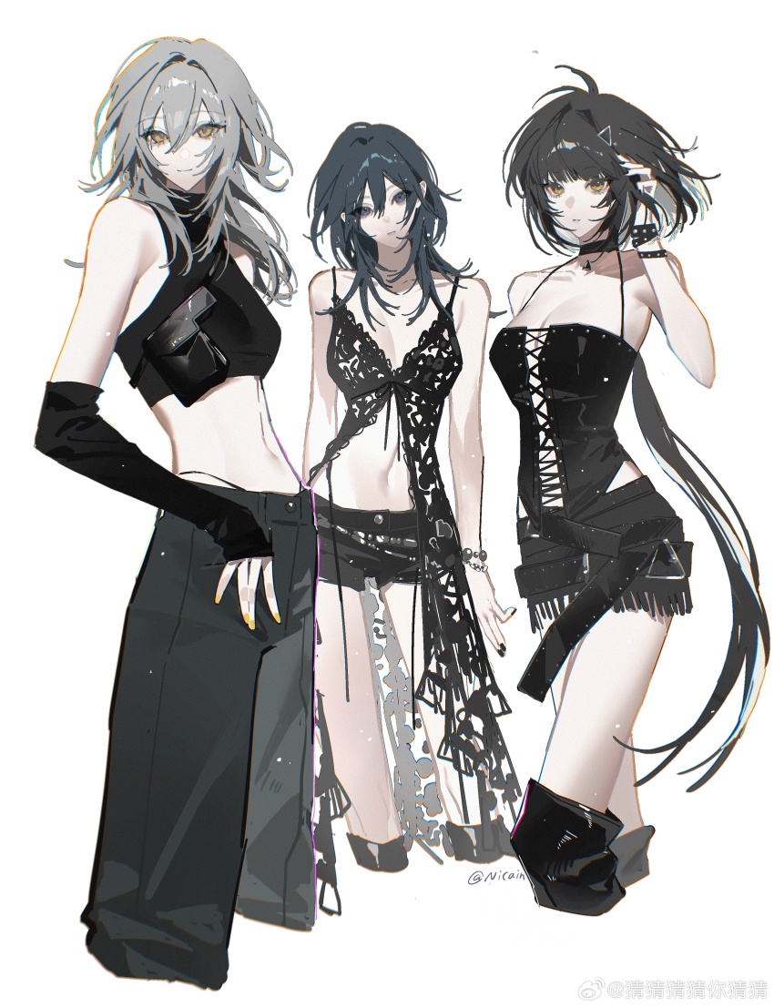 3girls absurdres artist_name black_choker black_dress black_hair black_nails black_pants black_shorts black_socks breasts caicaicaicai_ni_caicai chief_(path_to_nowhere) choker cleavage crop_top cropped_legs dress elbow_gloves eyelashes female_chief_(path_to_nowhere) female_rover_(wuthering_waves) gloves grey_eyes grey_hair hand_up highres honkai:_star_rail honkai_(series) jewelry long_hair looking_at_viewer multiple_girls necklace nightgown pants parted_lips path_to_nowhere rover_(wuthering_waves) short_shorts shorts simple_background sleeveless smile socks stelle_(honkai:_star_rail) trailblazer_(honkai:_star_rail) white_background wuthering_waves yellow_eyes yellow_nails