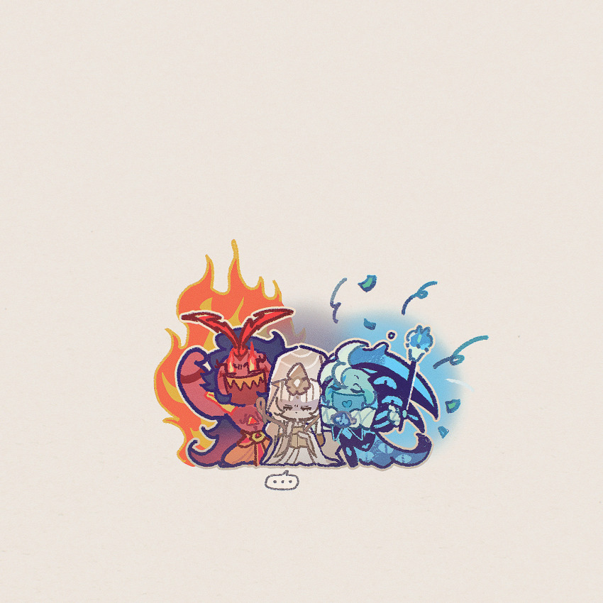 1girl 2boys black_hair blue_skin burning_spice_cookie closed_eyes closed_mouth colored_skin cookie_run cookie_run:_kingdom flaming_eyes highres ishrkut jester long_hair multiple_boys mystic_flour_cookie open_mouth pale_skin red_skin shadow_milk_cookie sharp_teeth teeth very_long_hair white_hair