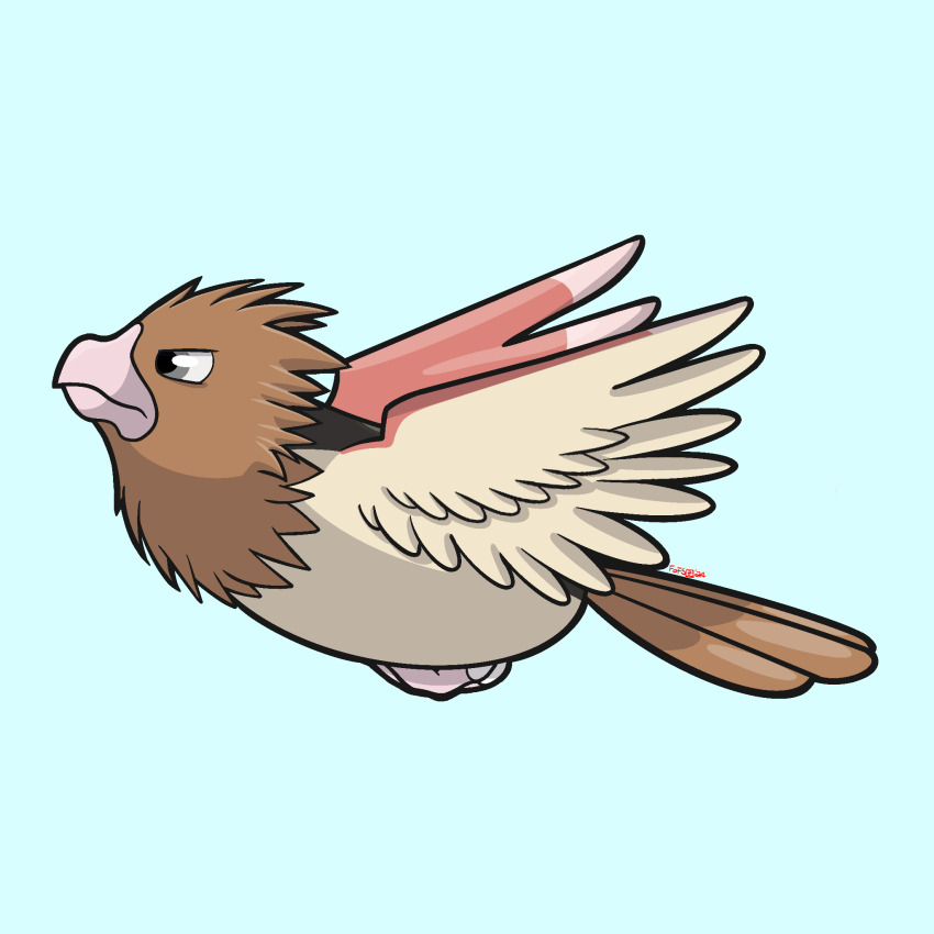 beak bird blue_background brown_feathers feathered_wings feathers from_side full_body gen_1_pokemon highres nintendo no_humans pokemon pokemon_(creature) simple_background solo sonisilverpup spearow wings