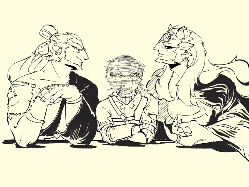 3boys boy_sandwich closed_mouth confused crossed_arms facing_another ganondorf highres link long_hair looking_at_another looking_to_the_side male_focus meme monochrome multiple_boys multiple_girls muscular muscular_male profile sandwiched short_hair simple_background smile spinning_head the_weaker_sex_1_(gibson) tsunamio7 upper_body yaoi