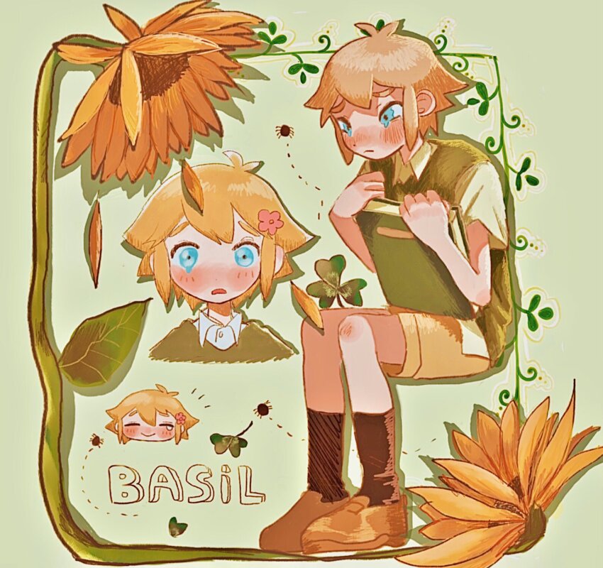 1boy antenna_hair basil_(faraway)_(omori) basil_(omori) black_socks blonde_hair blue_eyes blush book brown_footwear brown_shorts bug character_name closed_mouth collared_shirt flower green_sweater_vest hair_flower hair_ornament highres holding holding_book male_focus omori parted_lips shirt short_hair shorts socks solo spider sunflower sweater_vest tate_ware_anal white_shirt