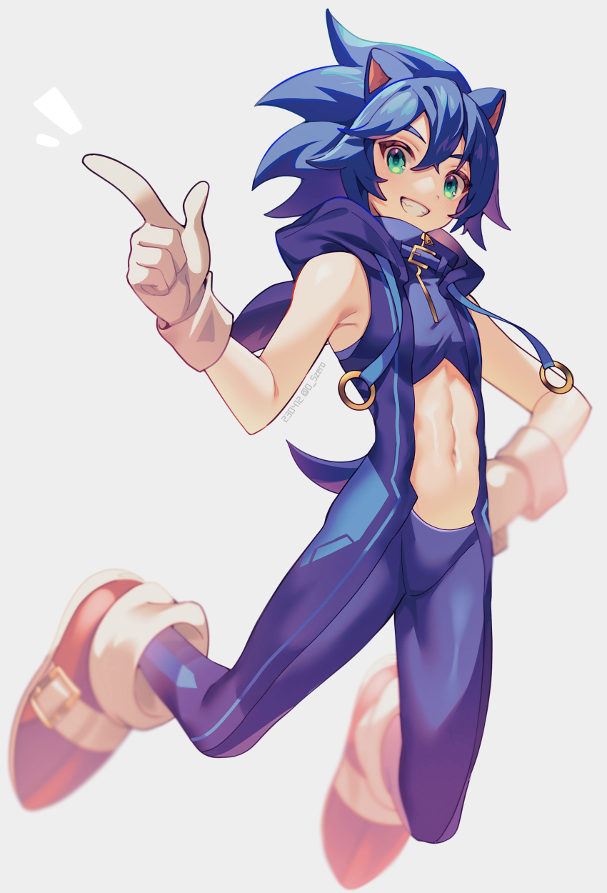 1boy absurdres animal_ears armpits blue_hair blue_hoodie blue_pants blurry commentary crop_top dated depth_of_field drawstring full_body gloves green_eyes grey_background grin hair_between_eyes hand_on_own_hip hand_up happy highres hood hood_down hoodie humanization index_finger_raised linea_alba looking_at_viewer male_focus navel notice_lines pants red_shoes shoes short_hair simple_background sleeveless smile sneakers solo sonic_(series) sonic_the_hedgehog spiked_hair stomach teeth toned toned_male twitter_username white_gloves zero-go