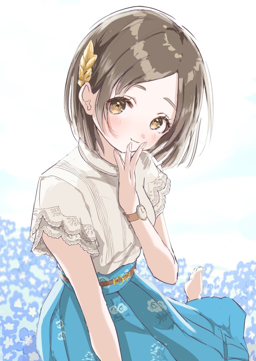 1girl alternate_hair_length alternate_hairstyle aqua_skirt barefoot blue_flower blush brown_hair commentary_request fingernails flower gakuen_idolmaster highres idolmaster kuramoto_china layered_sleeves light_blush looking_at_viewer maruno_zzz parted_bangs pleated_skirt shirt shirt_tucked_in short_hair sitting skirt solo wariza watch white_shirt wristwatch