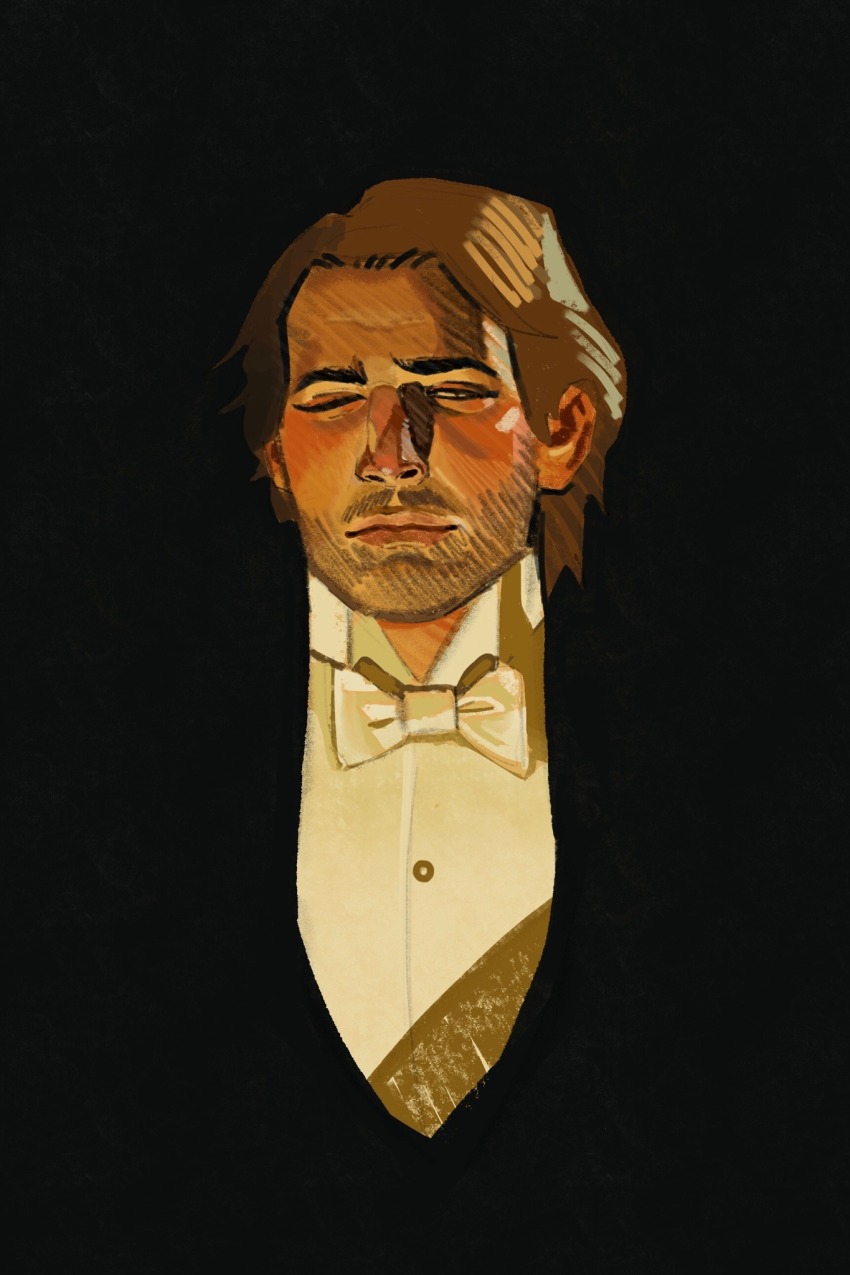 1boy arthur_morgan beard_stubble black_background black_suit bow bowtie brown_hair closed_mouth collared_shirt facial_hair fine_art_parody formal_clothes ghostember highres j._c._leyendecker_(style) looking_to_the_side male_focus mustache_stubble one_eye_closed parody red_dead_redemption_(series) red_dead_redemption_2 shirt solo stubble suit tuxedo upper_body white_bow white_bowtie white_eyes