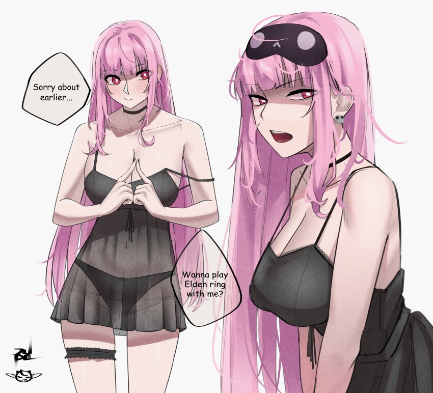 1girl absurdres alternate_costume bare_shoulders black_choker black_mask black_nightgown blush breasts choker cleavage collarbone double_strap_slip earrings highres hololive hololive_english jewelry juuuudo lace-trimmed_nightgown large_breasts long_hair looking_at_viewer mask mask_on_head messy_hair mori_calliope mori_calliope_(sleepwear) nightgown official_alternate_costume open_mouth pink_eyes pink_hair red_eyes skull_collar skull_earrings sleep_mask sleepwear smile solo virtual_youtuber